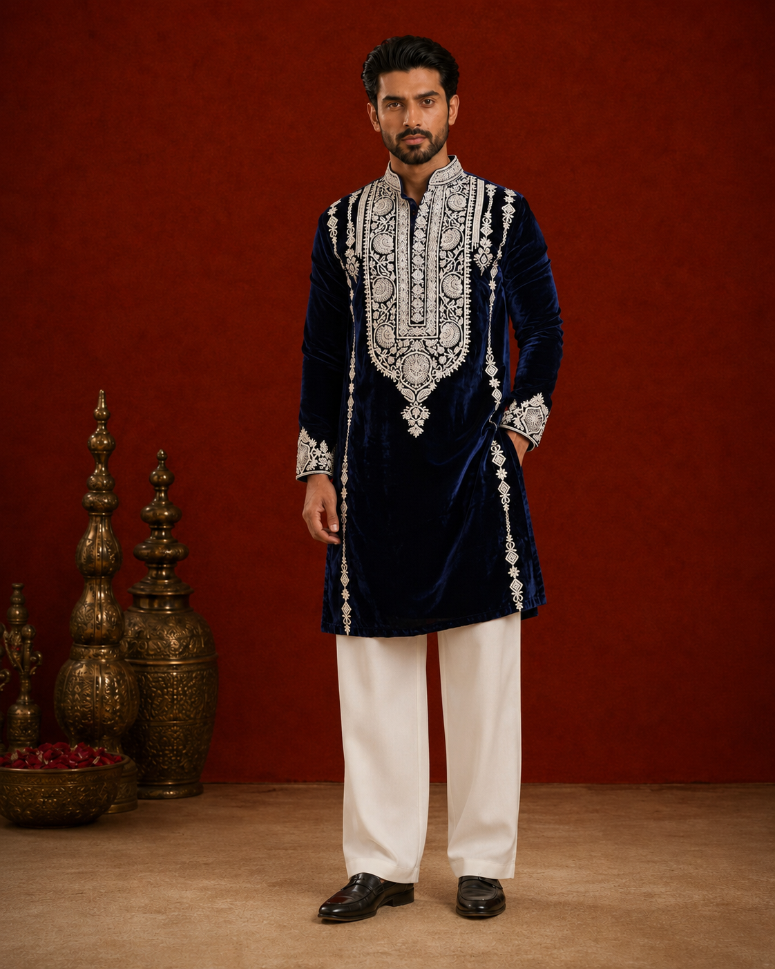 Midnight Navy Blue Velvet Embroidered Kurta for Men | Royal Wedding & Festive Wear