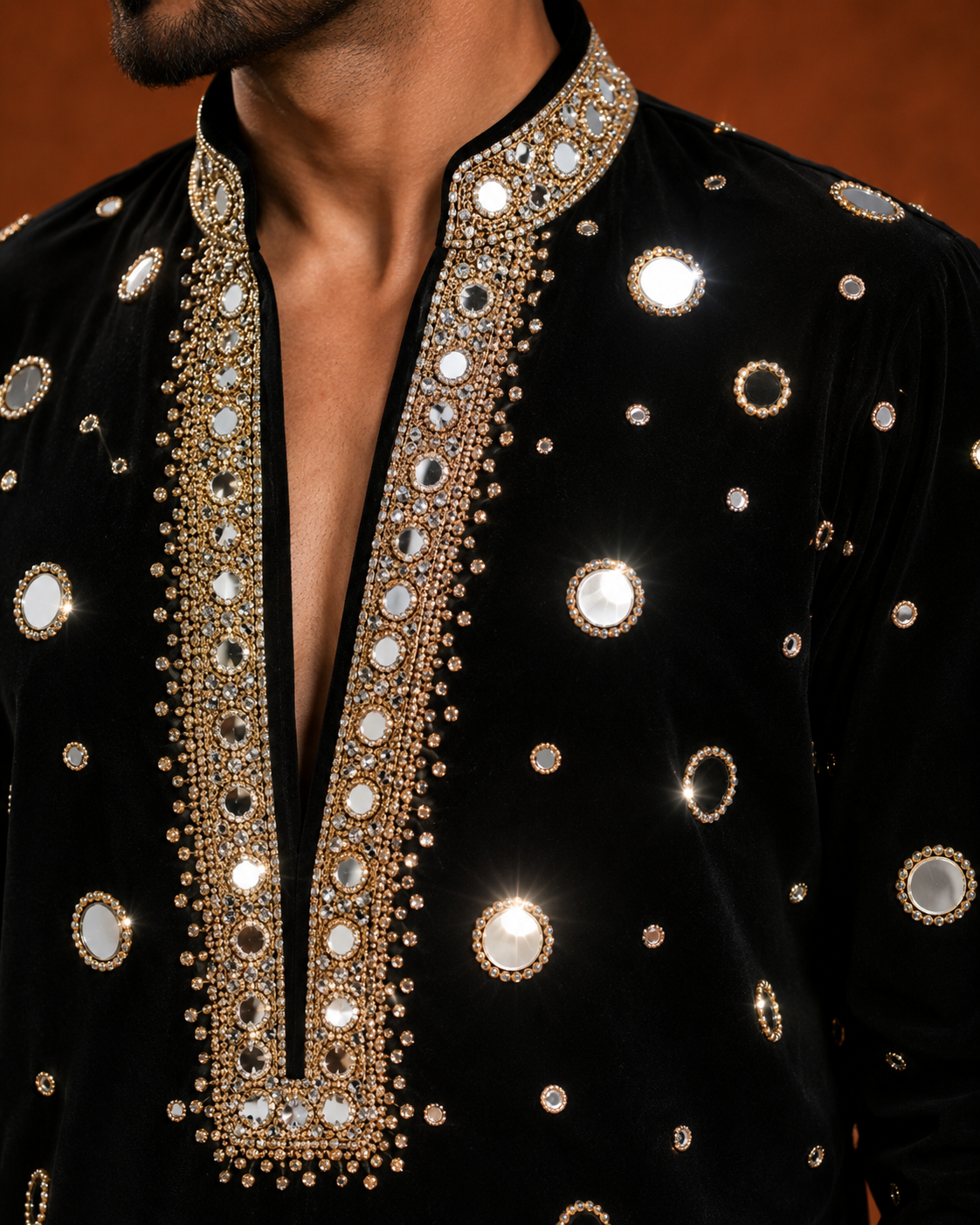 Men’s Black Embellished Kurta | Mirror Work Designer Ethnic Wear
