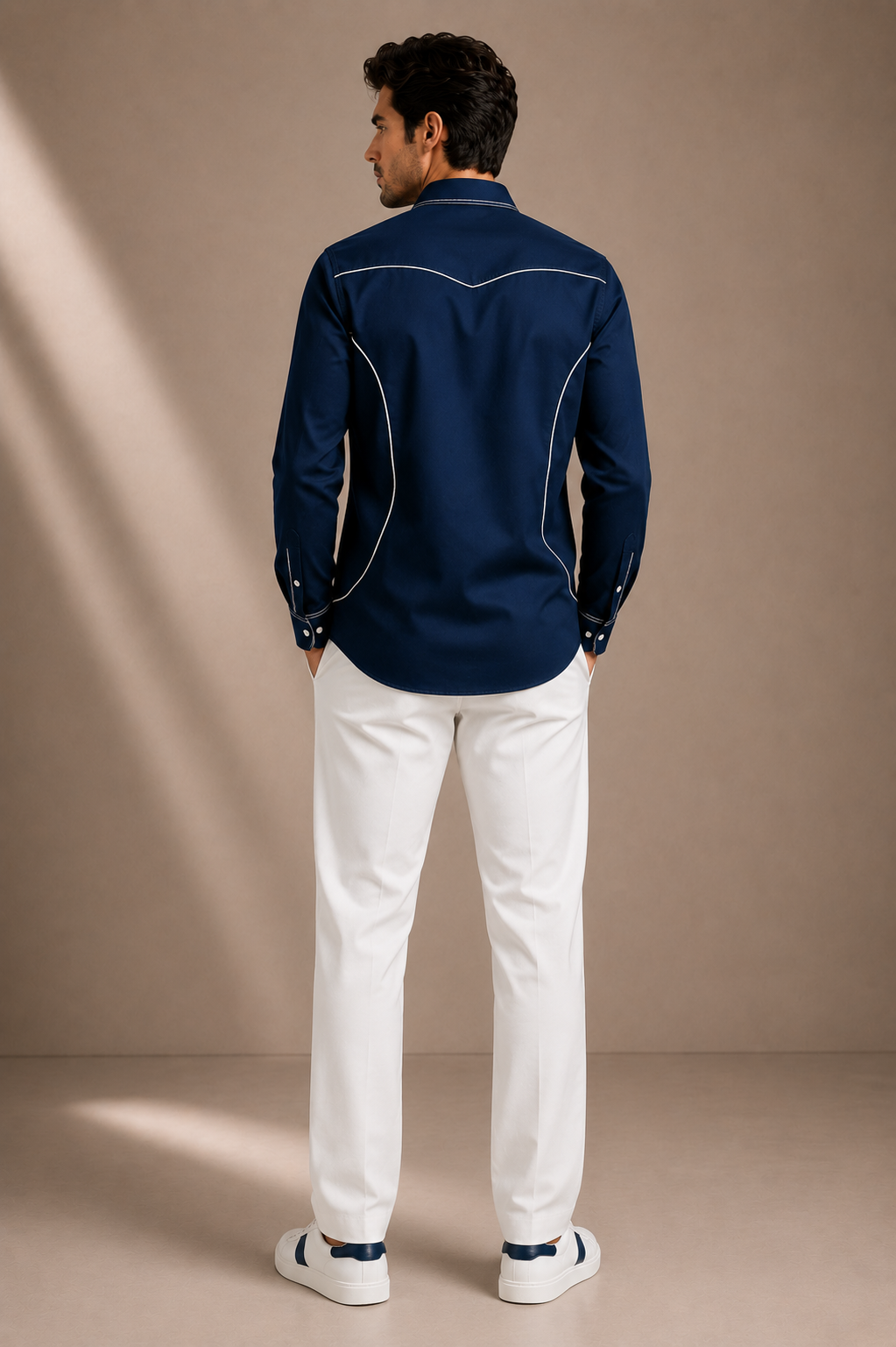 Men's Premium Navy Blue Contrast Piping Casual Shirt | Regular Fit Full Sleeve Shirt