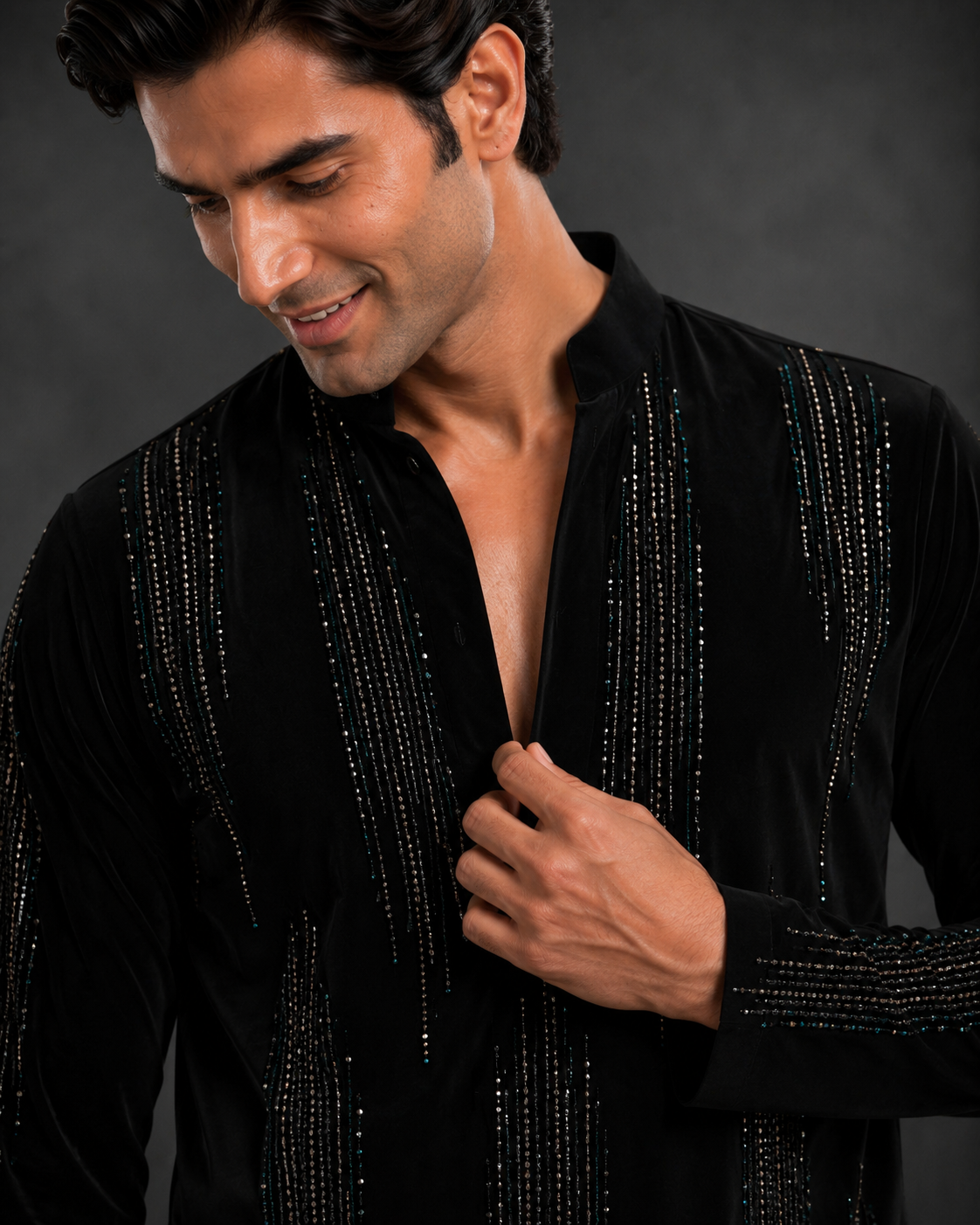 Men's Black Velvet Embellished Designer Kurta | Premium Party Wear, Wedding & Festive Kurta for Men