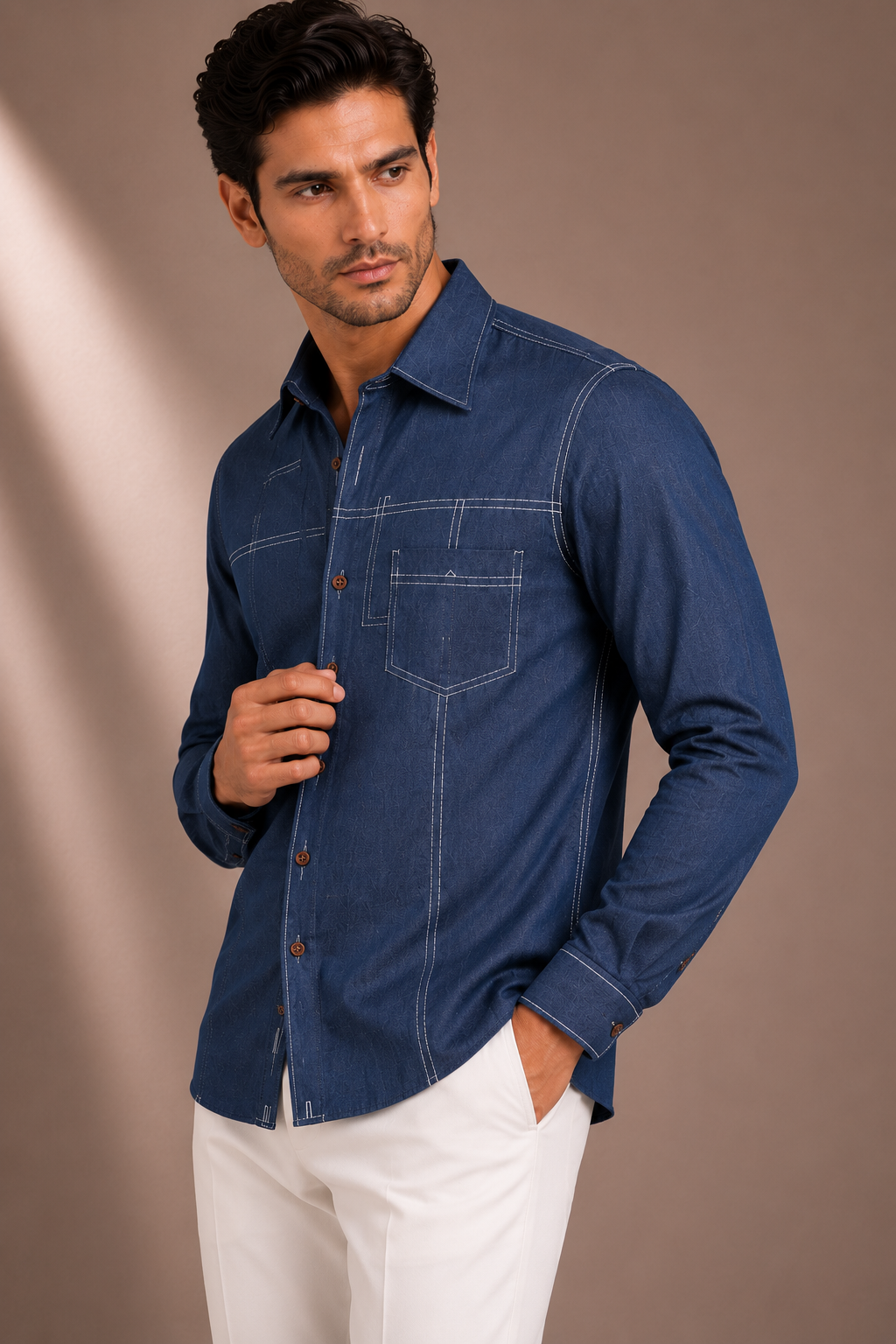 Men's Indigo Blue Premium Cotton Shirt with Contrast Stitching | Full Sleeve Casual & Smart Casual Shirt