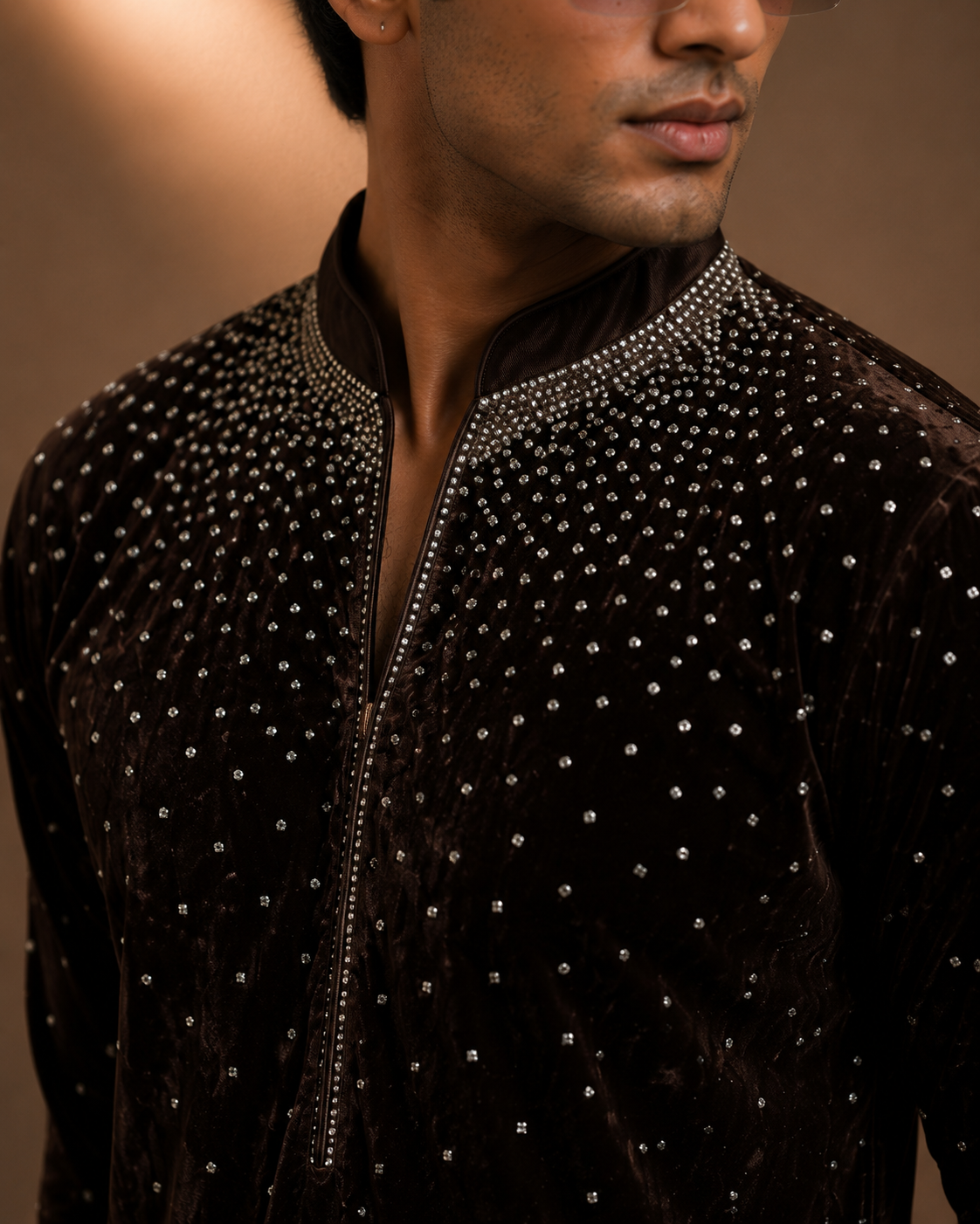 Chocolate Brown Embellished Velvet Kurta for Men | Festive & Wedding Party Wear