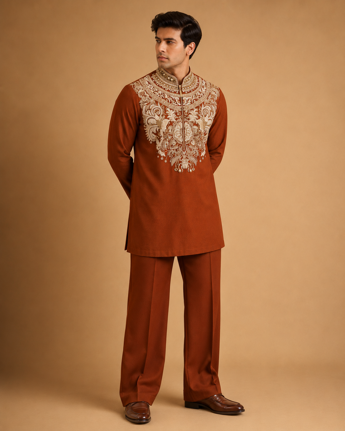 Rust Brown Heavy Embroidered Men's Wedding Kurta | Designer Ethnic Kurta for Groom, Festive & Party Wear