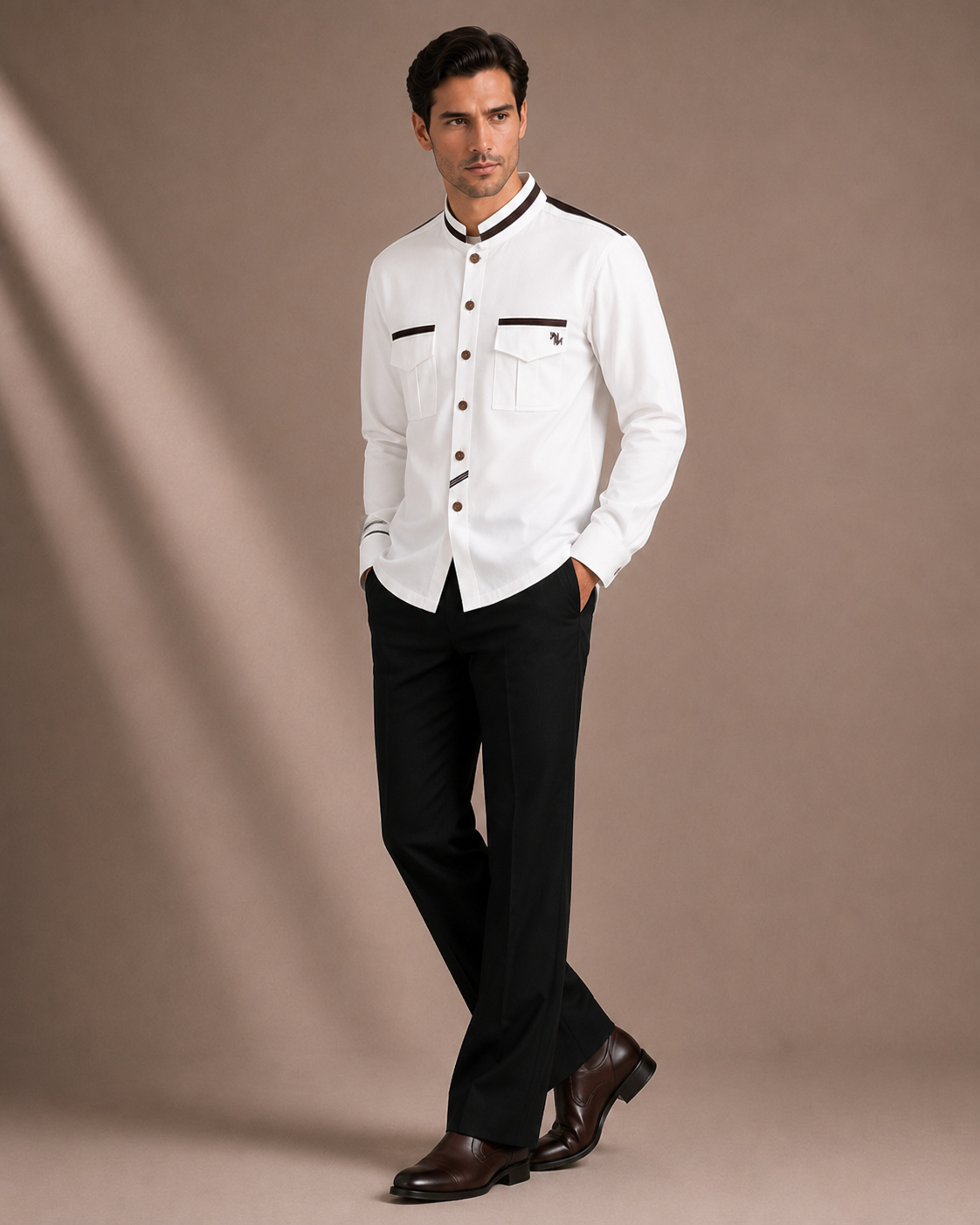Men's White Mandarin Collar Shirt with Dual Flap Pockets | Premium Casual & Party Wear