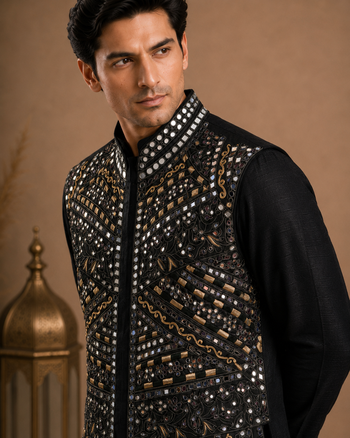 Men's Black Embroidered Kurta with Designer Ethnic Jacket | Festive Wedding Kurta for Men