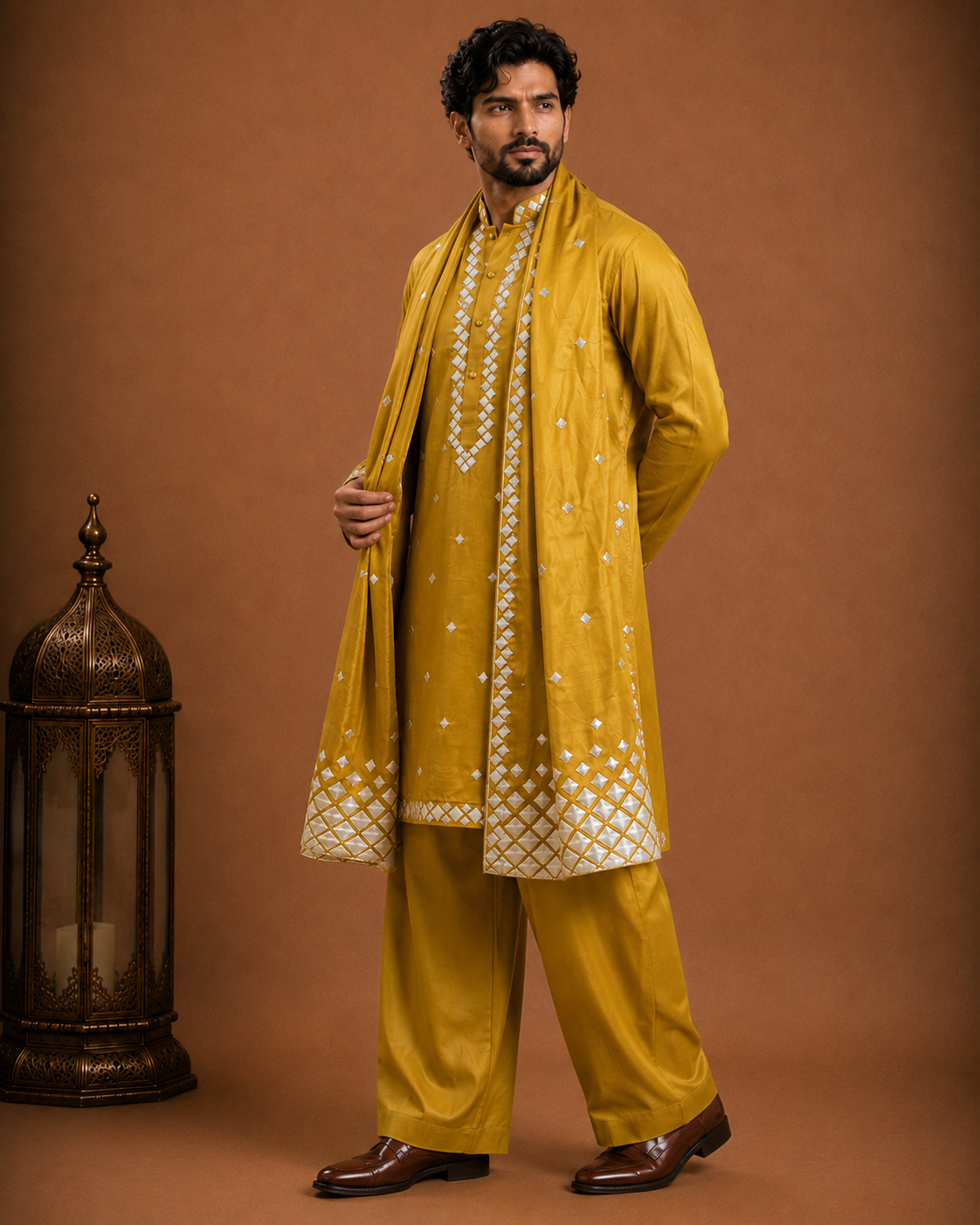 Men's Mustard Embroidered Designer Kurta with Stole | Premium Ethnic Kurta for Weddings, Eid & Festive Wear