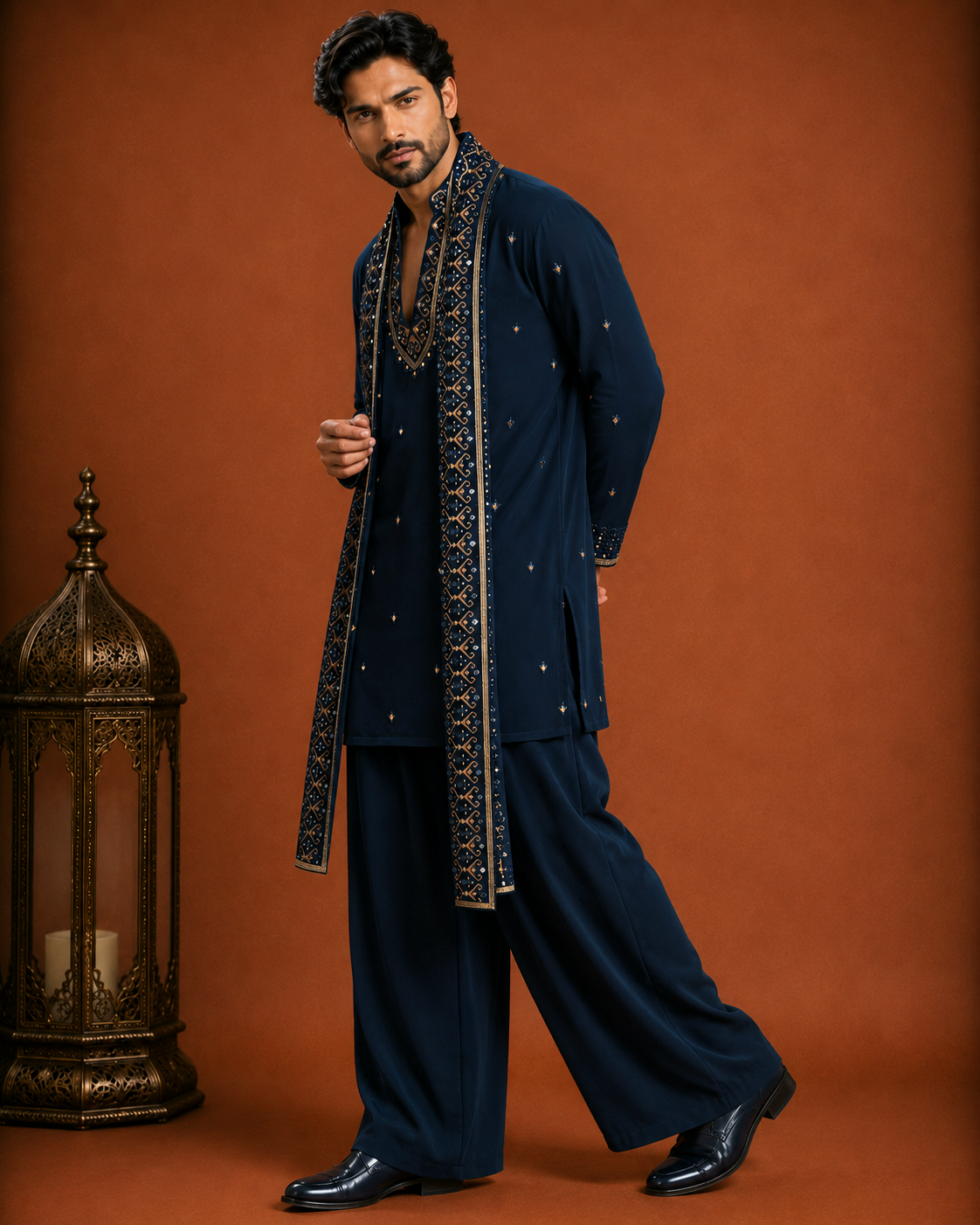 Men’s Navy Blue Embroidered Kurta with Dupatta | Premium Wedding & Festive Wear