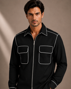Men's Black Contrast Stitch Zip-Up Shirt | Premium Full Sleeve Casual & Party Wear Shirt