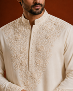 Cream Tone-on-Tone Embroidered Kurta for Men | Groom & Wedding Festive Wear