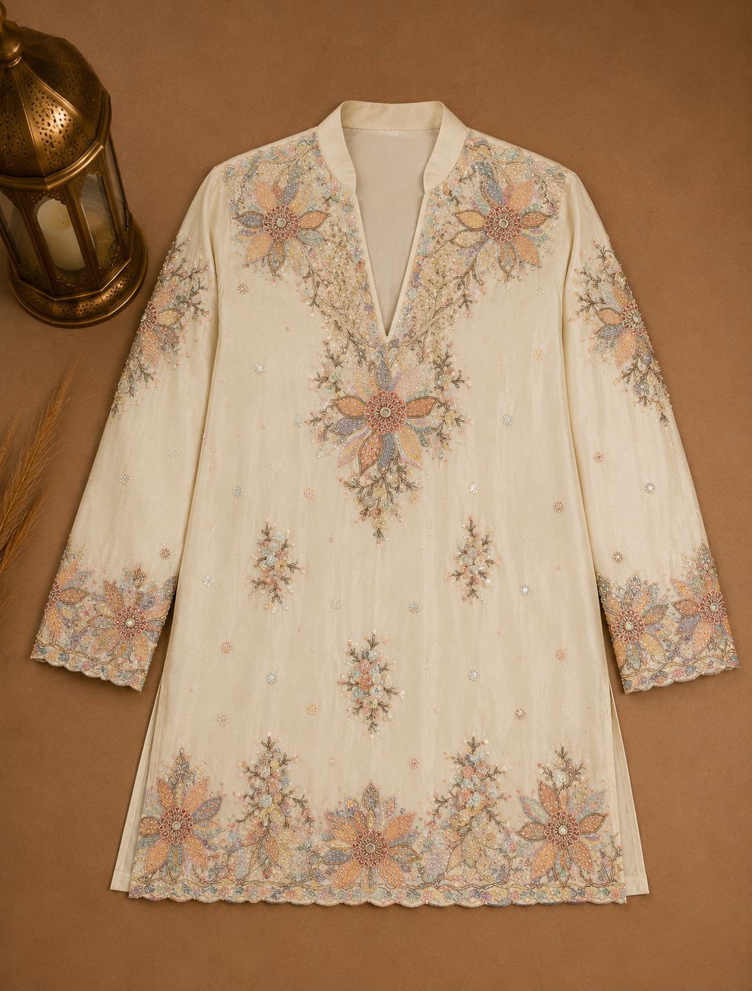 Cream Floral Embroidered Kurta for Men | Designer Wedding & Festive Wear Ethnic Kurta