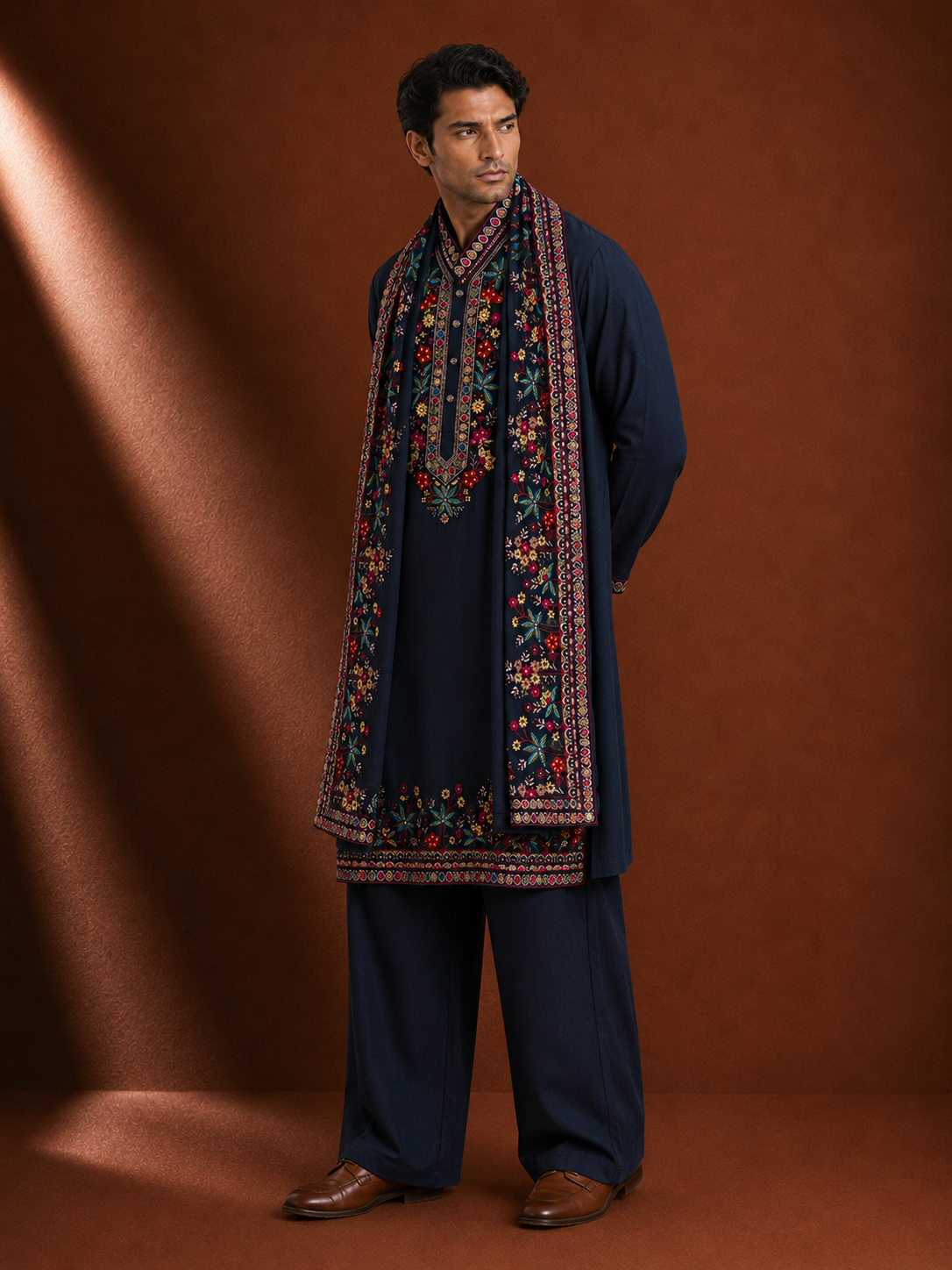 Men's Navy Blue Embroidered Kurta with Embroidered Stole