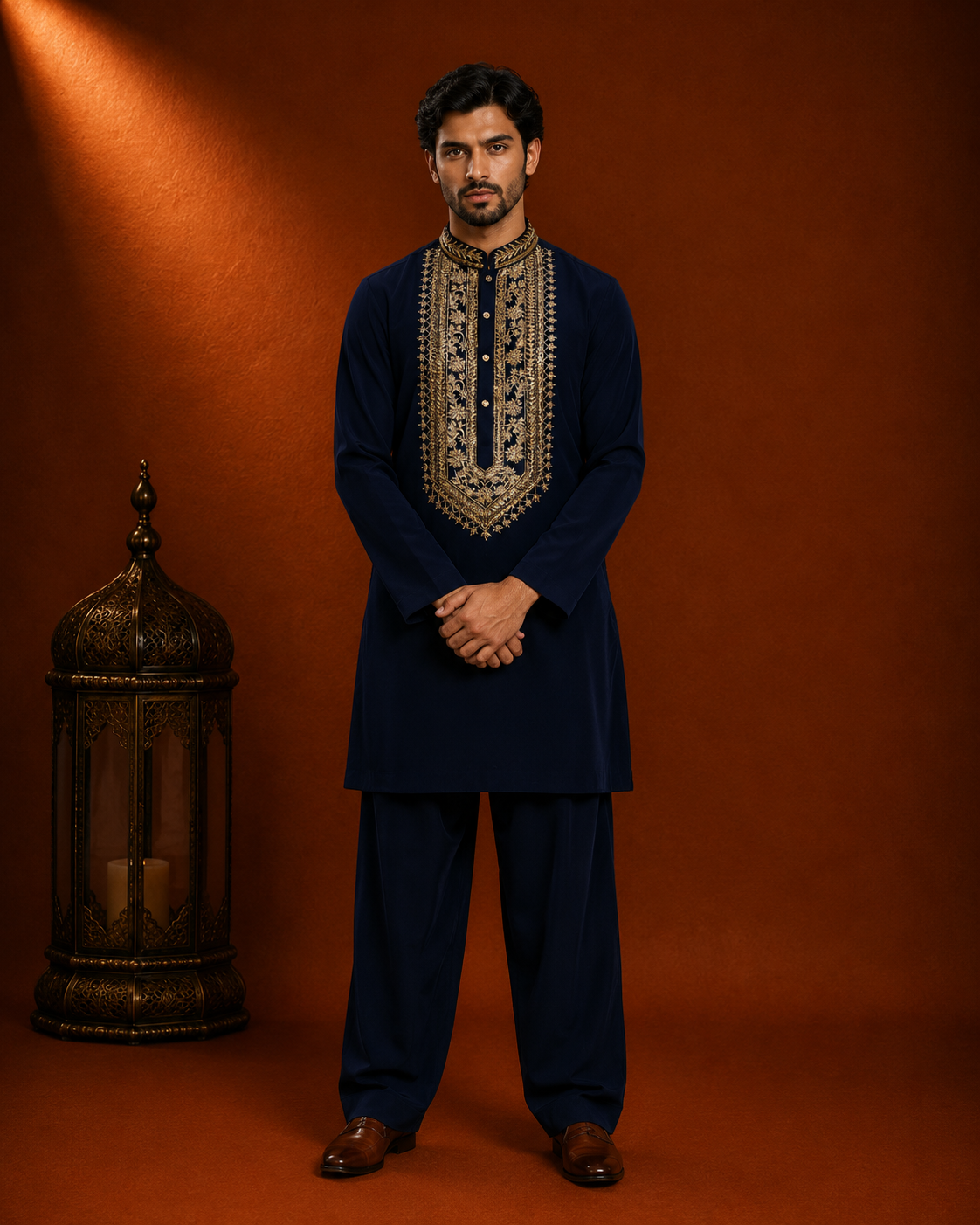 Midnight Navy Blue Gold Bib-Embroidered Kurta for Men | Wedding & Festive Wear