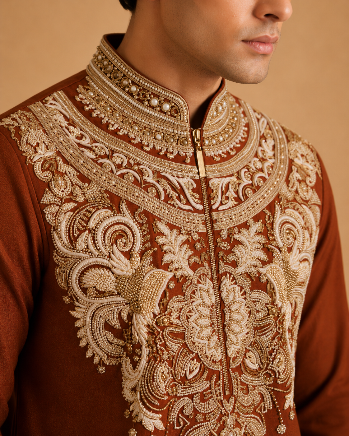 Rust Brown Heavy Embroidered Men's Wedding Kurta | Designer Ethnic Kurta for Groom, Festive & Party Wear