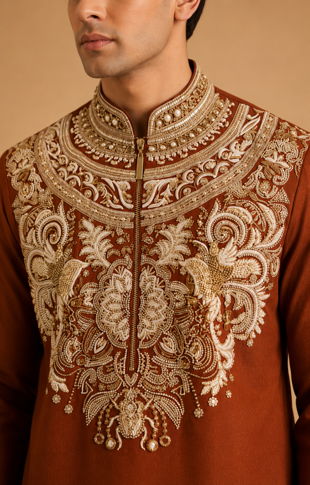 Rust Brown Heavy Embroidered Men's Wedding Kurta | Designer Ethnic Kurta for Groom, Festive & Party Wear