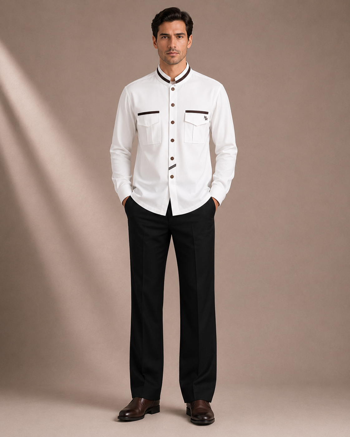 Men's White Mandarin Collar Shirt with Dual Flap Pockets | Premium Casual & Party Wear