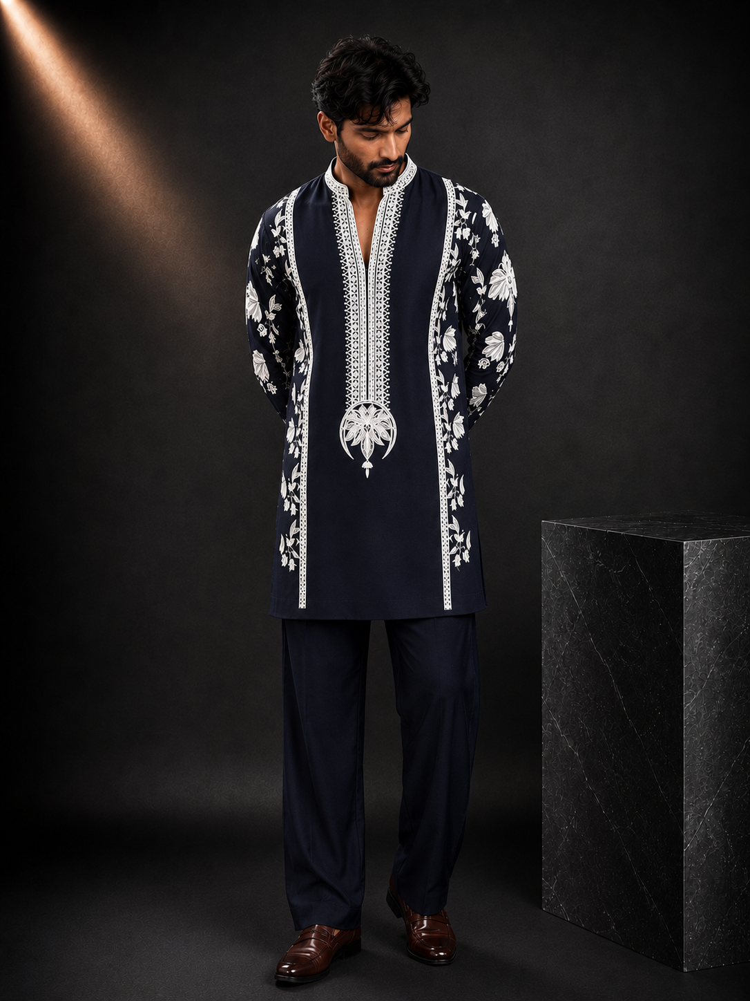 Men's Navy Blue Embroidered Kurta | Premium Designer Ethnic Wear for Festive & Wedding
