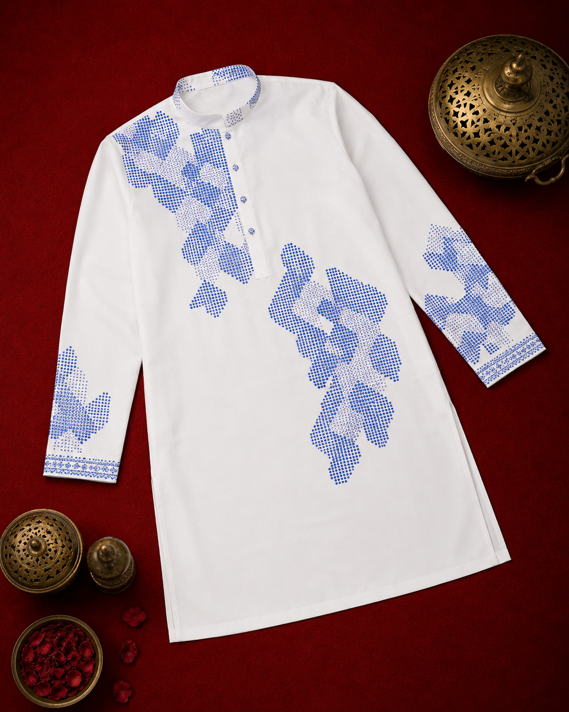 White Blue Geometric Embroidered Kurta for Men | Modern Festive & Occasion Wear