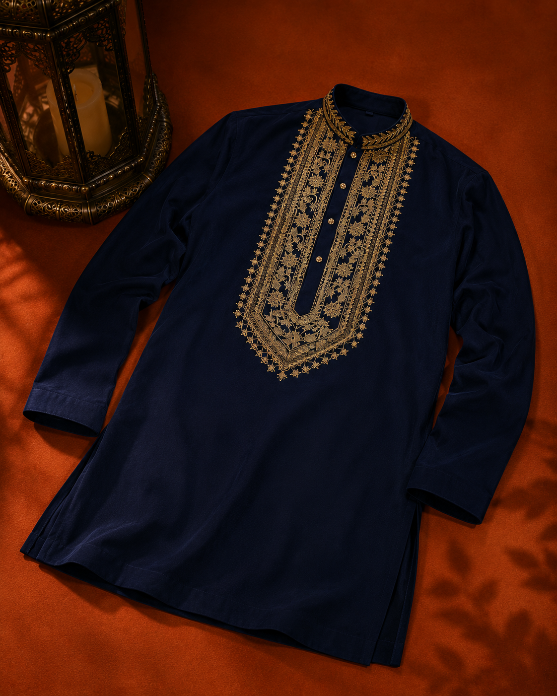 Midnight Navy Blue Gold Bib-Embroidered Kurta for Men | Wedding & Festive Wear
