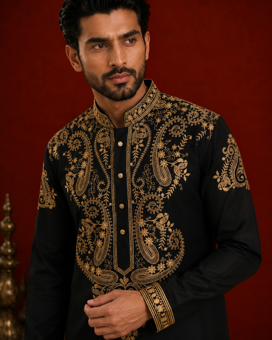 Black Gold Paisley Embroidered Buttoned Kurta for Men | Festive & Wedding Wear