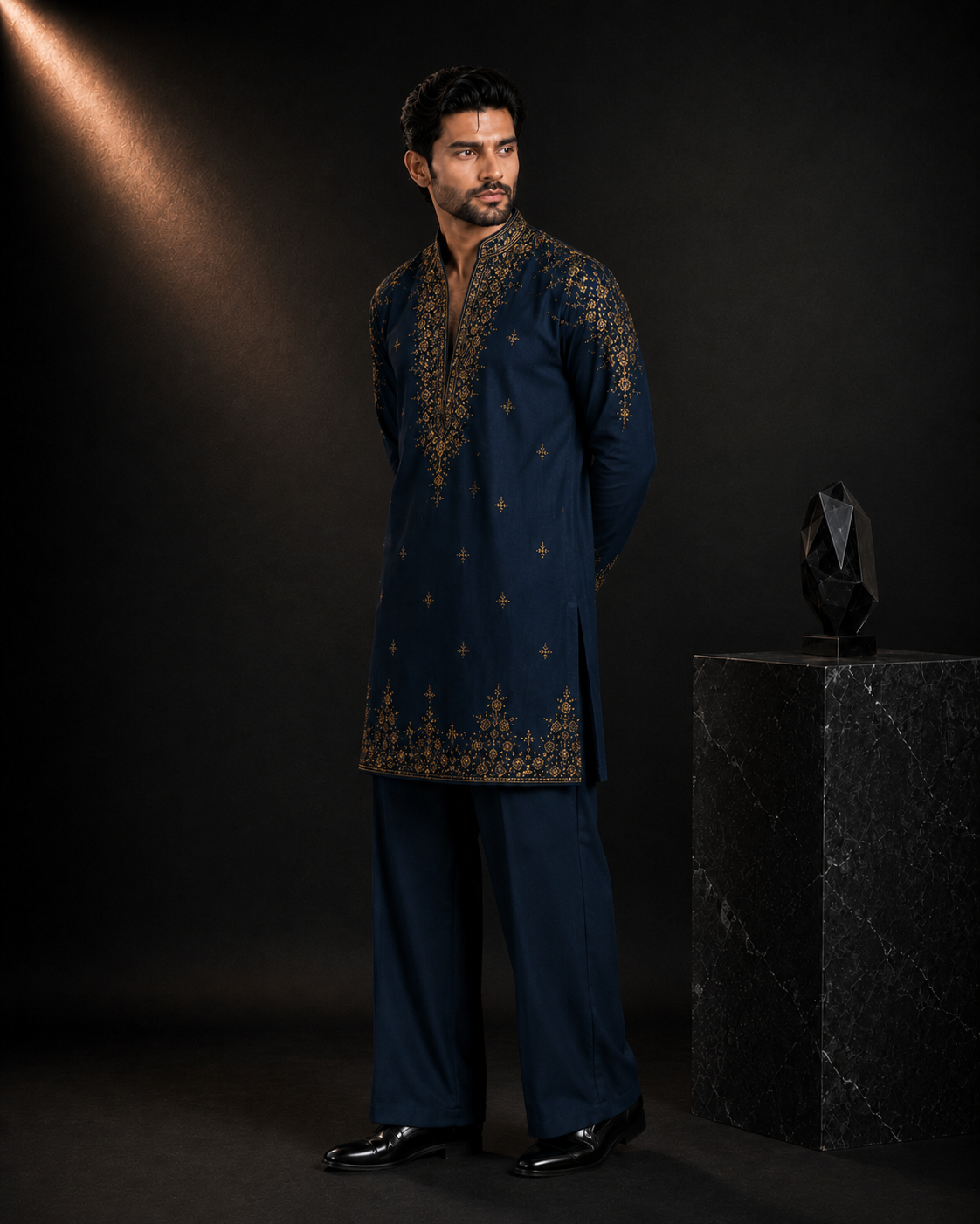 Midnight Navy Blue Gold Embroidered Kurta for Men | Festive & Wedding Party Wear
