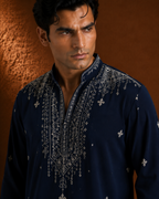 Royal Navy Blue Silver Embroidered Kurta for Men | Festive & Wedding Party Wear