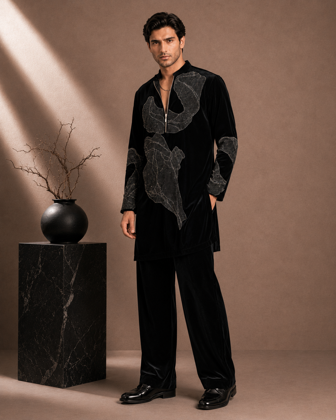 Black Velvet Zip-Front Embroidered Kurta for Men | Contemporary Festive & Party Wear