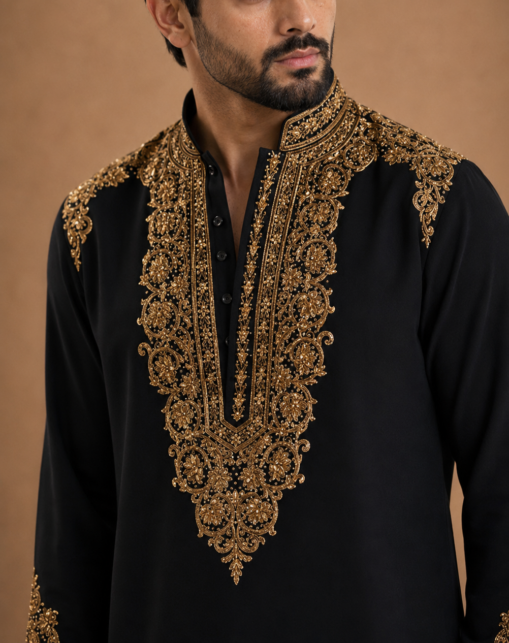 Black Gold Embroidered Kurta for Men | Festive & Wedding Party Wear