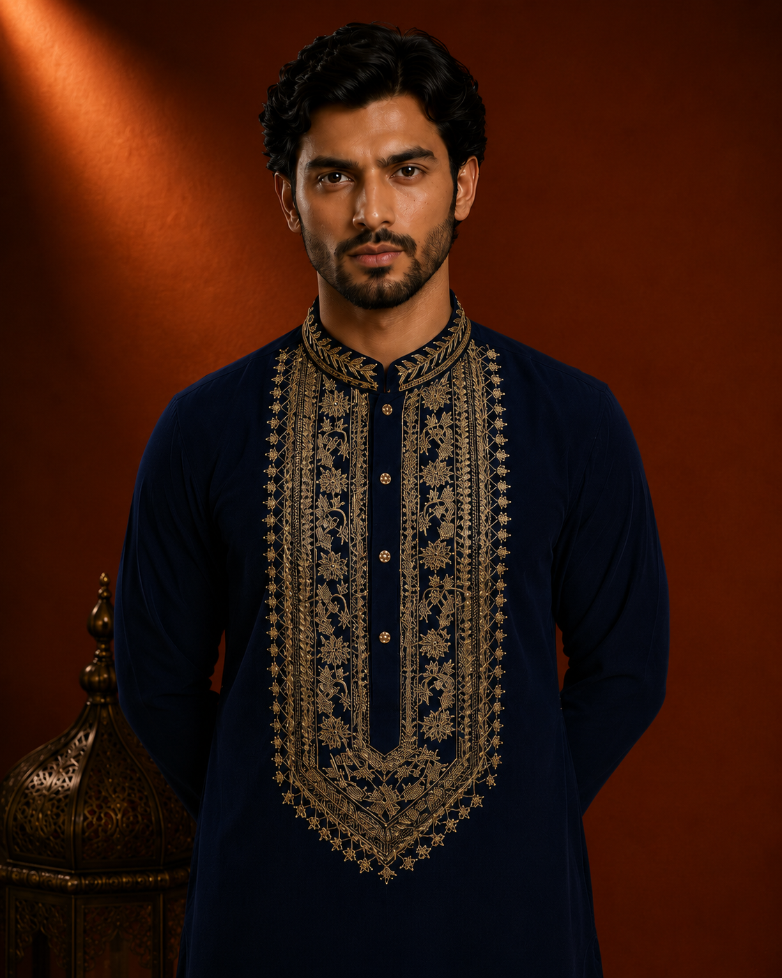 Midnight Navy Blue Gold Bib-Embroidered Kurta for Men | Wedding & Festive Wear
