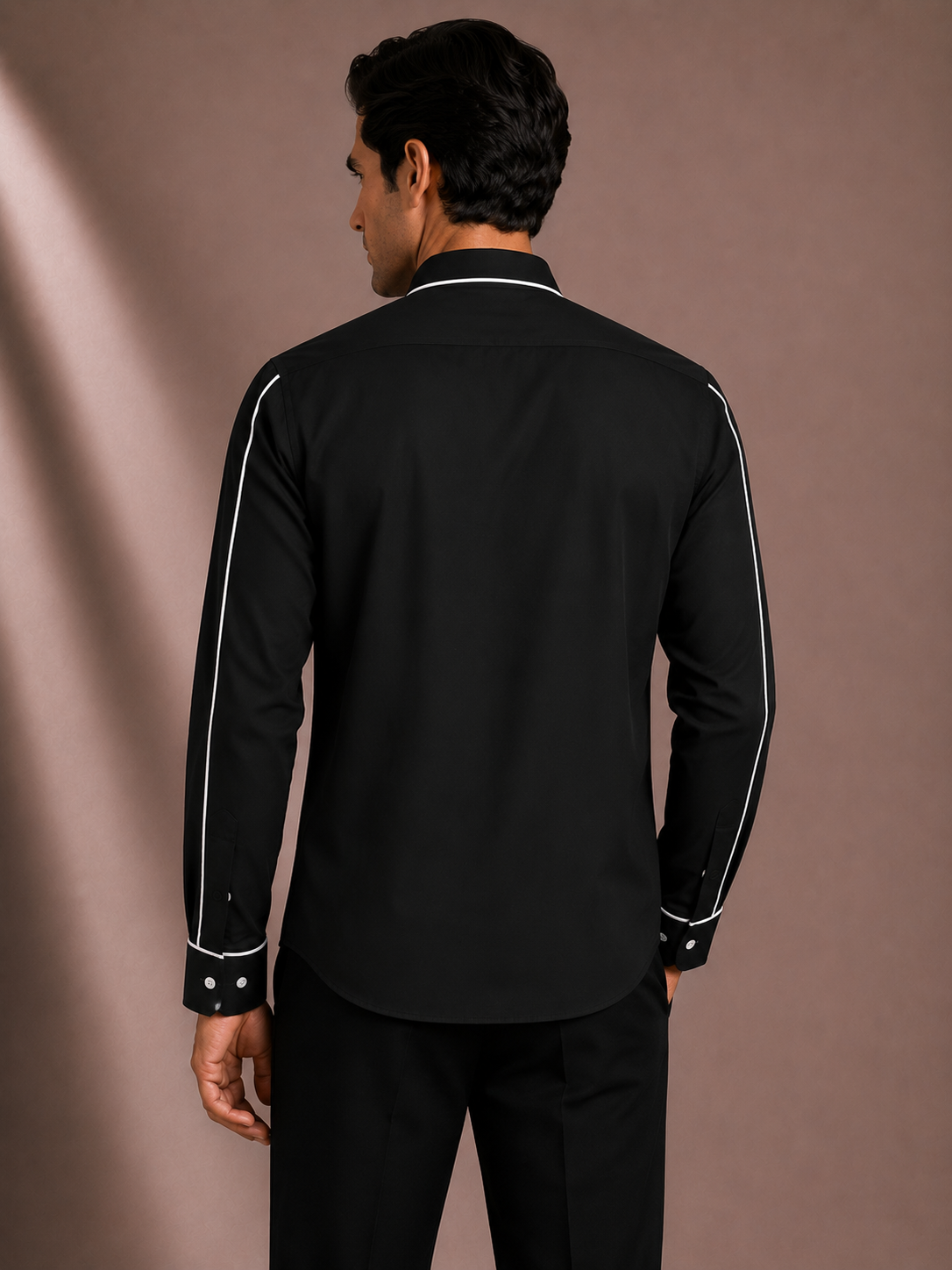 Men's Black Geometric Panel Shirt | Premium Full Sleeve Contrast Stripe Casual Shirt