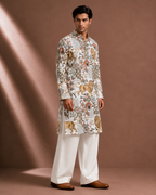 Men's White Lion Print Kurta | Premium Designer Ethnic Kurta for Wedding & Festive Wear