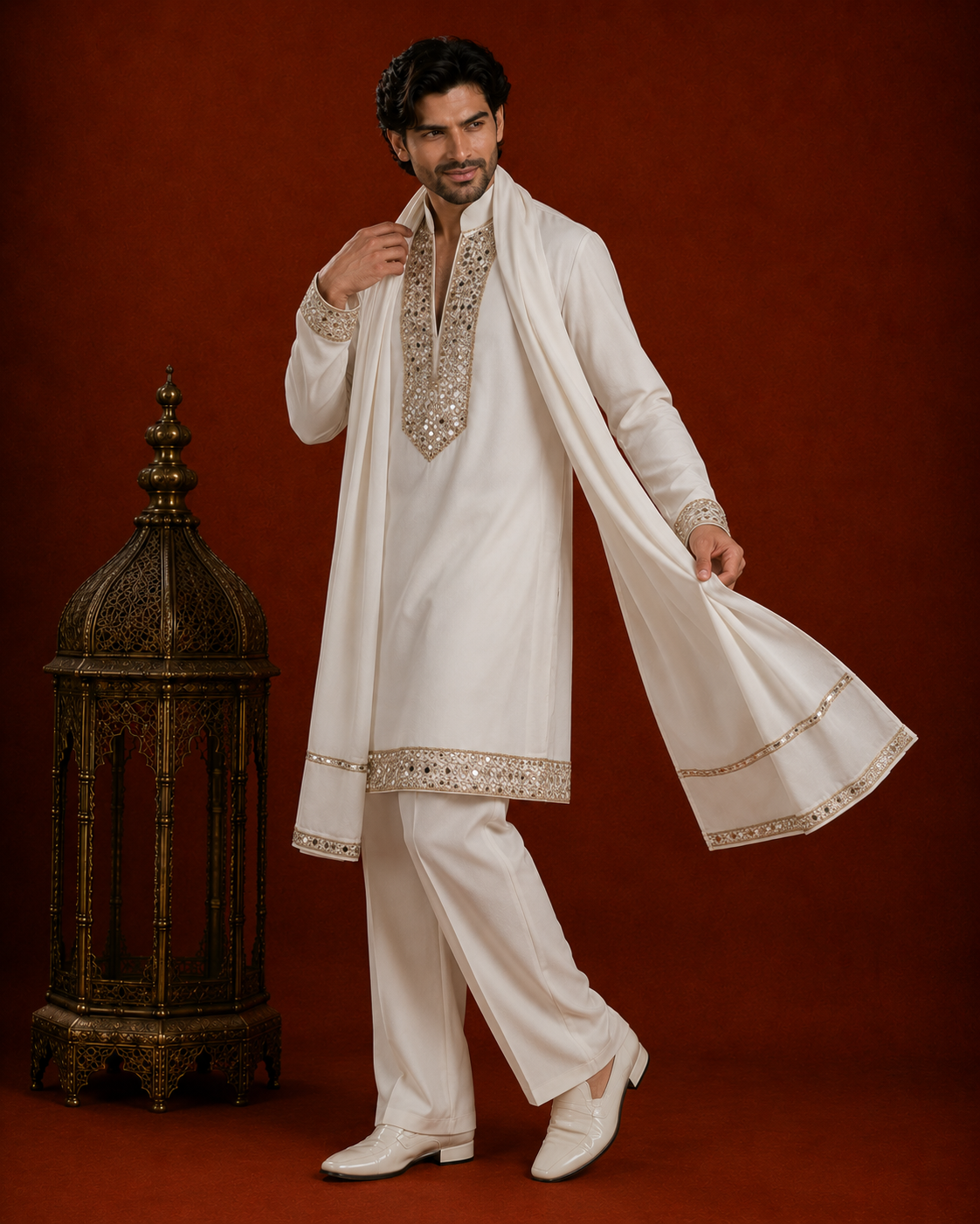 Men’s Ivory Embroidered Kurta with Dupatta | Premium Wedding & Festive Wear