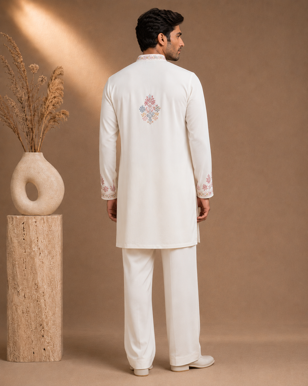 Off-White Multi-Color Kashmiri Embroidered Kurta for Men | Festive & Wedding Wear