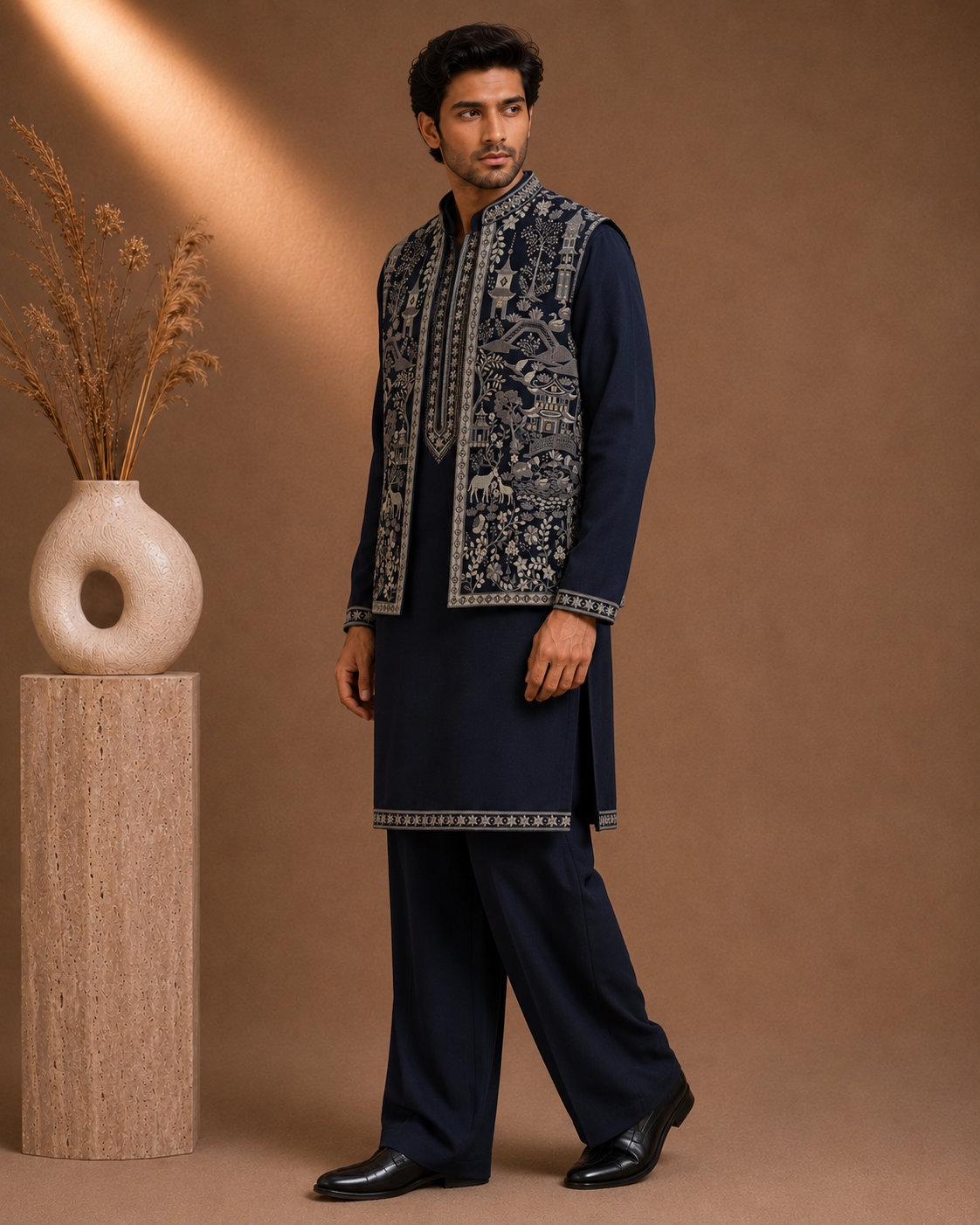 Navy Blue Embroidered Kurta with Nehru Jacket Set for Men | Festive & Wedding Wear