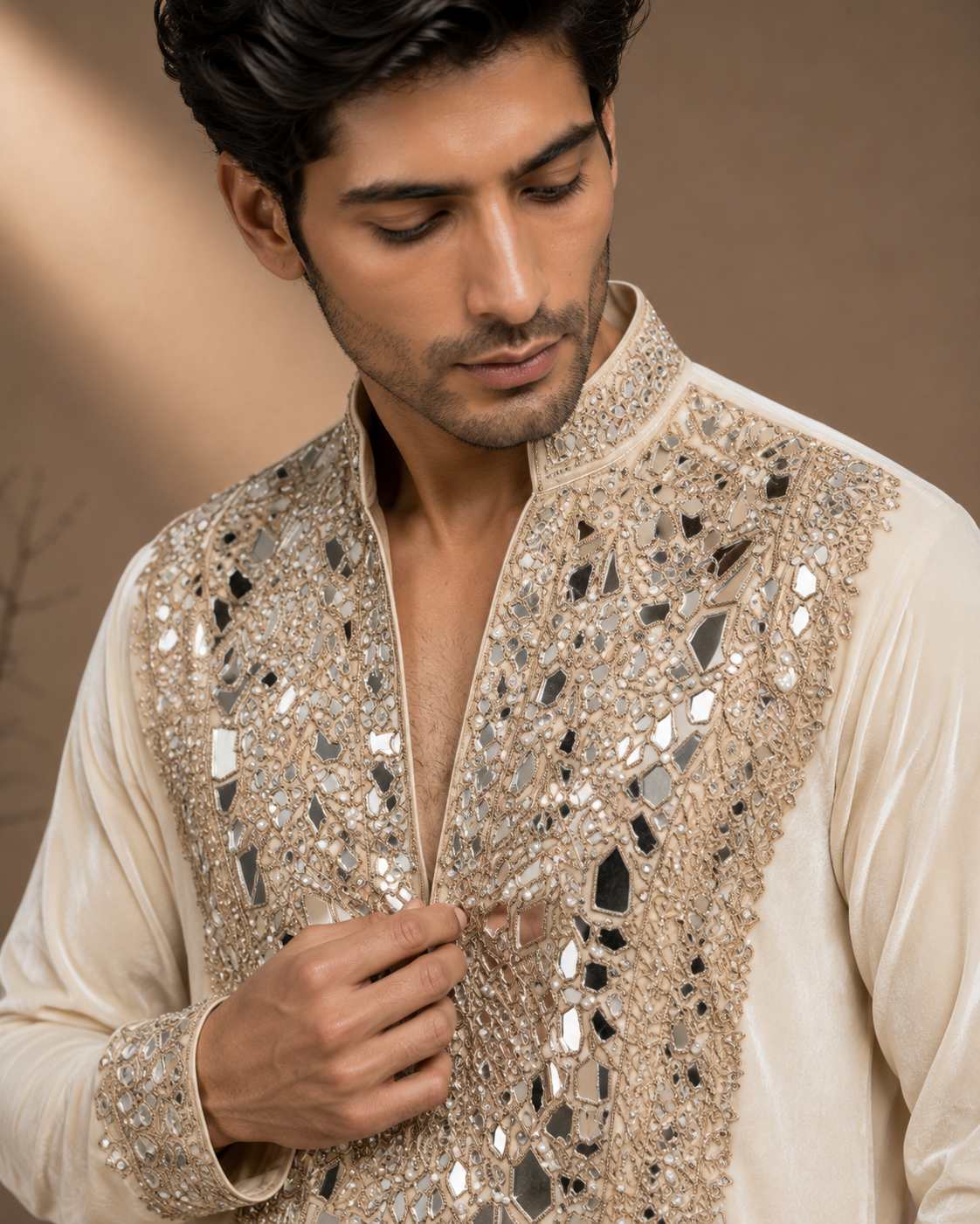 Ivory Velvet Heavy Mirror & Thread Embroidered Kurta for Men | Groom & Wedding Festive Wear