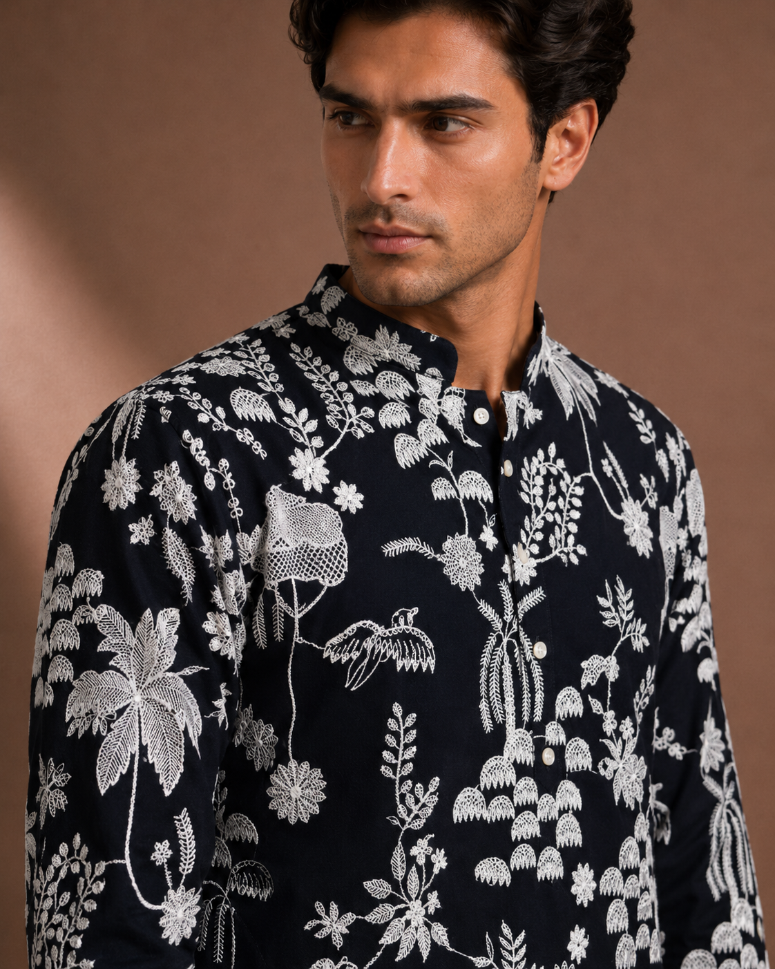 Men's Black Botanical Printed Kurta | Premium Ethnic Kurta for Festive, Wedding & Party Wear