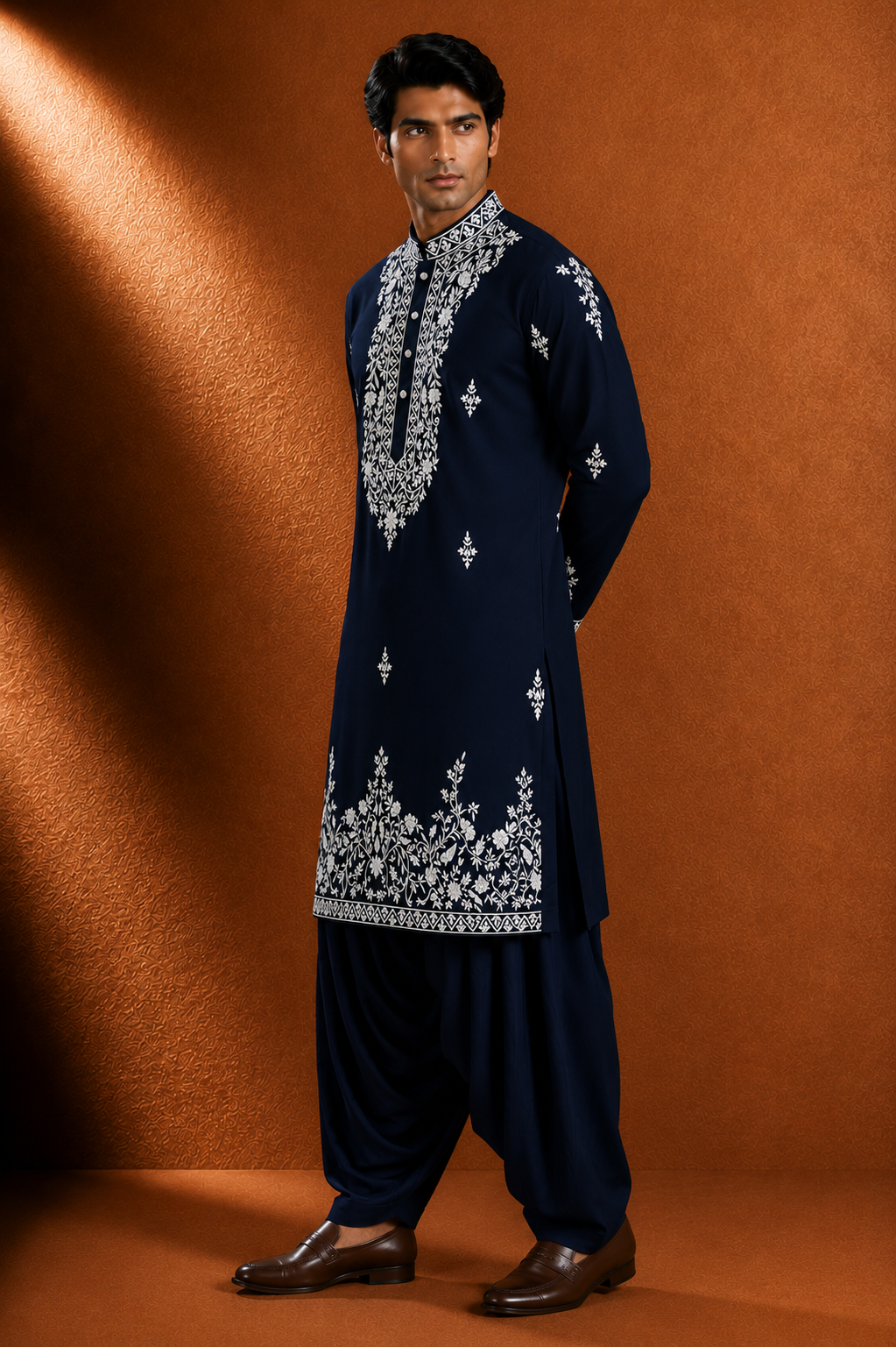 Men's Navy Blue Embroidered Pathani Kurta | Premium Ethnic Wear for Festive & Wedding Occasions