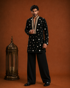 Men’s Black Embellished Kurta | Mirror Work Designer Ethnic Wear