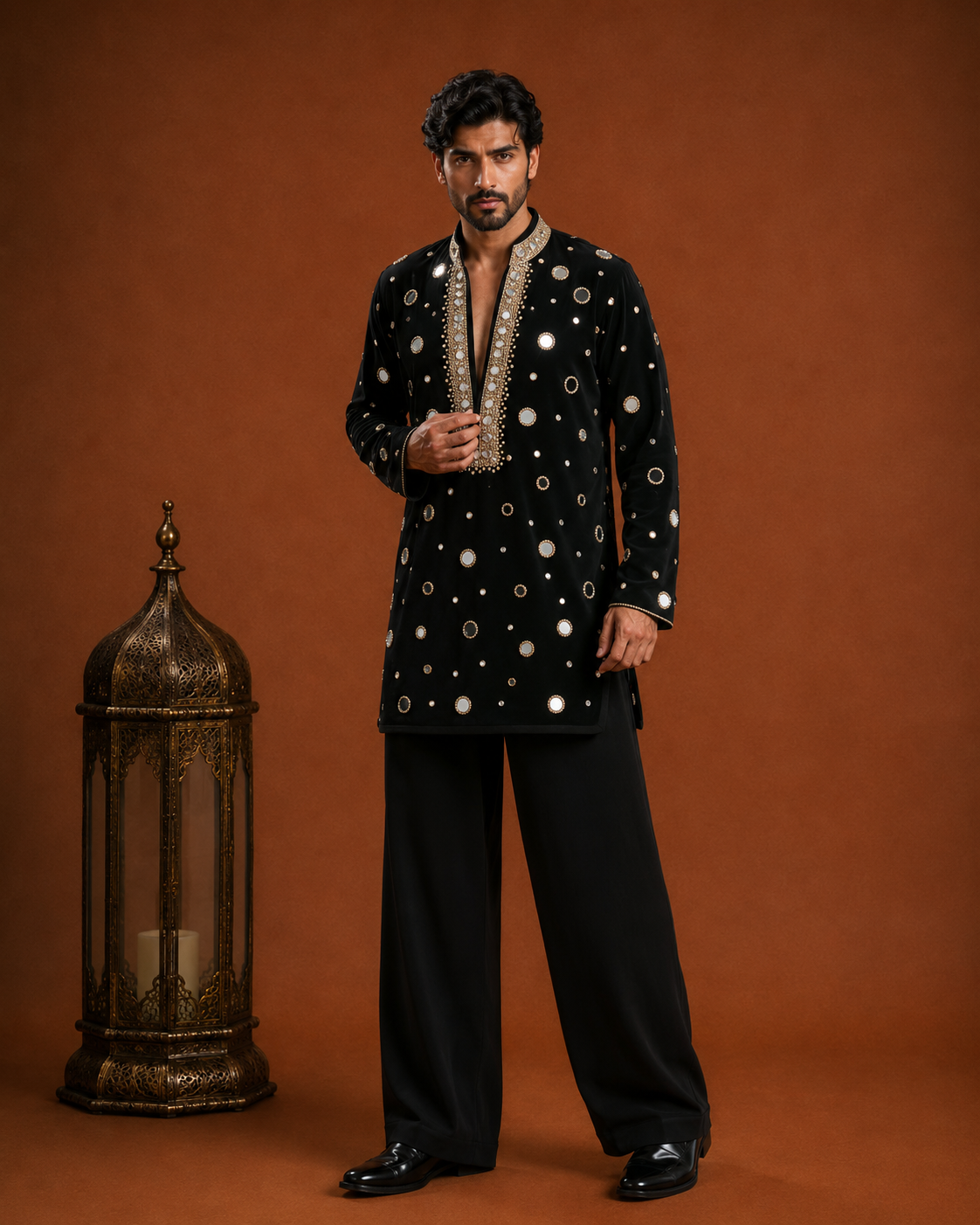 Men’s Black Embellished Kurta | Mirror Work Designer Ethnic Wear