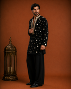 Men’s Black Embellished Kurta | Mirror Work Designer Ethnic Wear