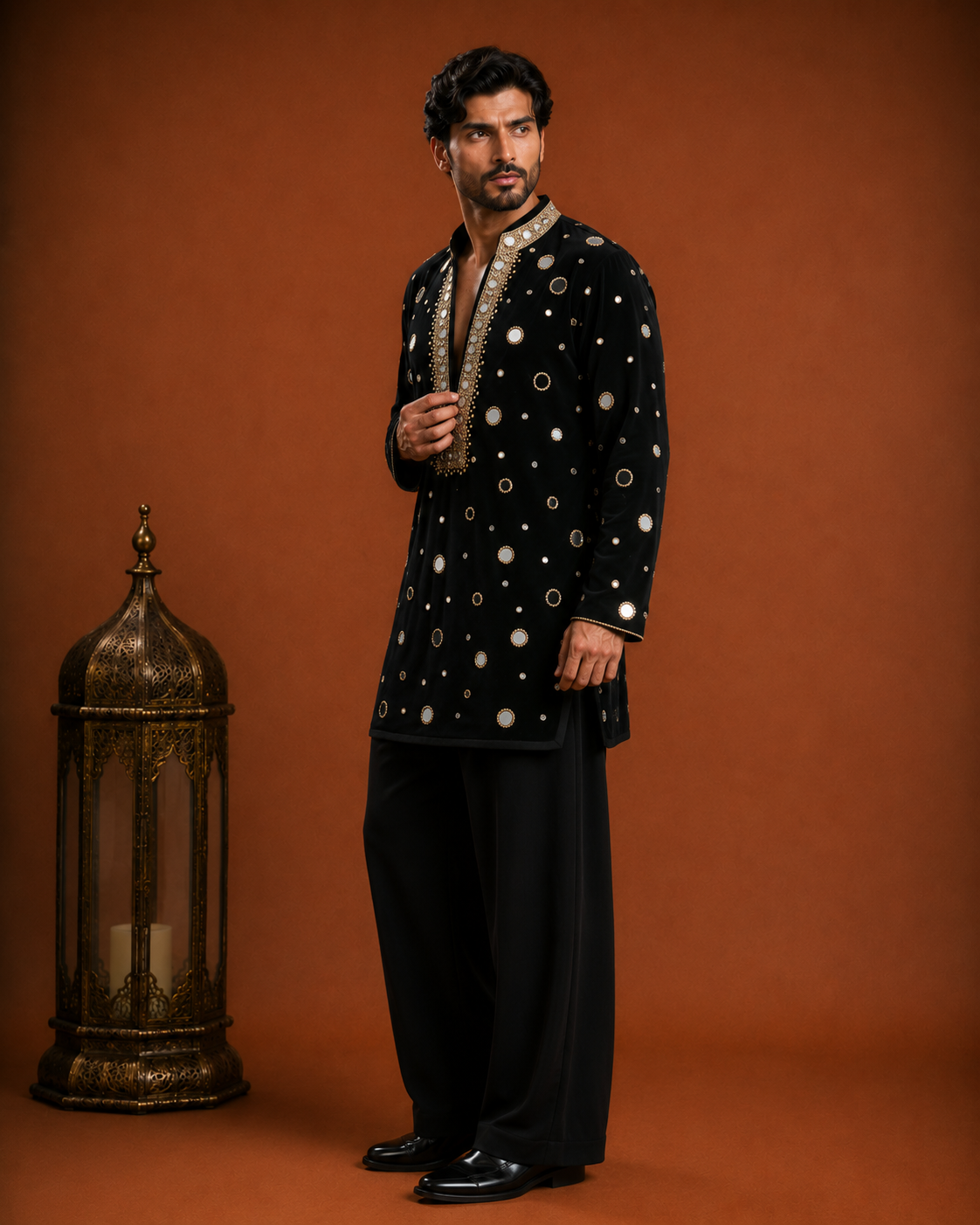 Men’s Black Embellished Kurta | Mirror Work Designer Ethnic Wear