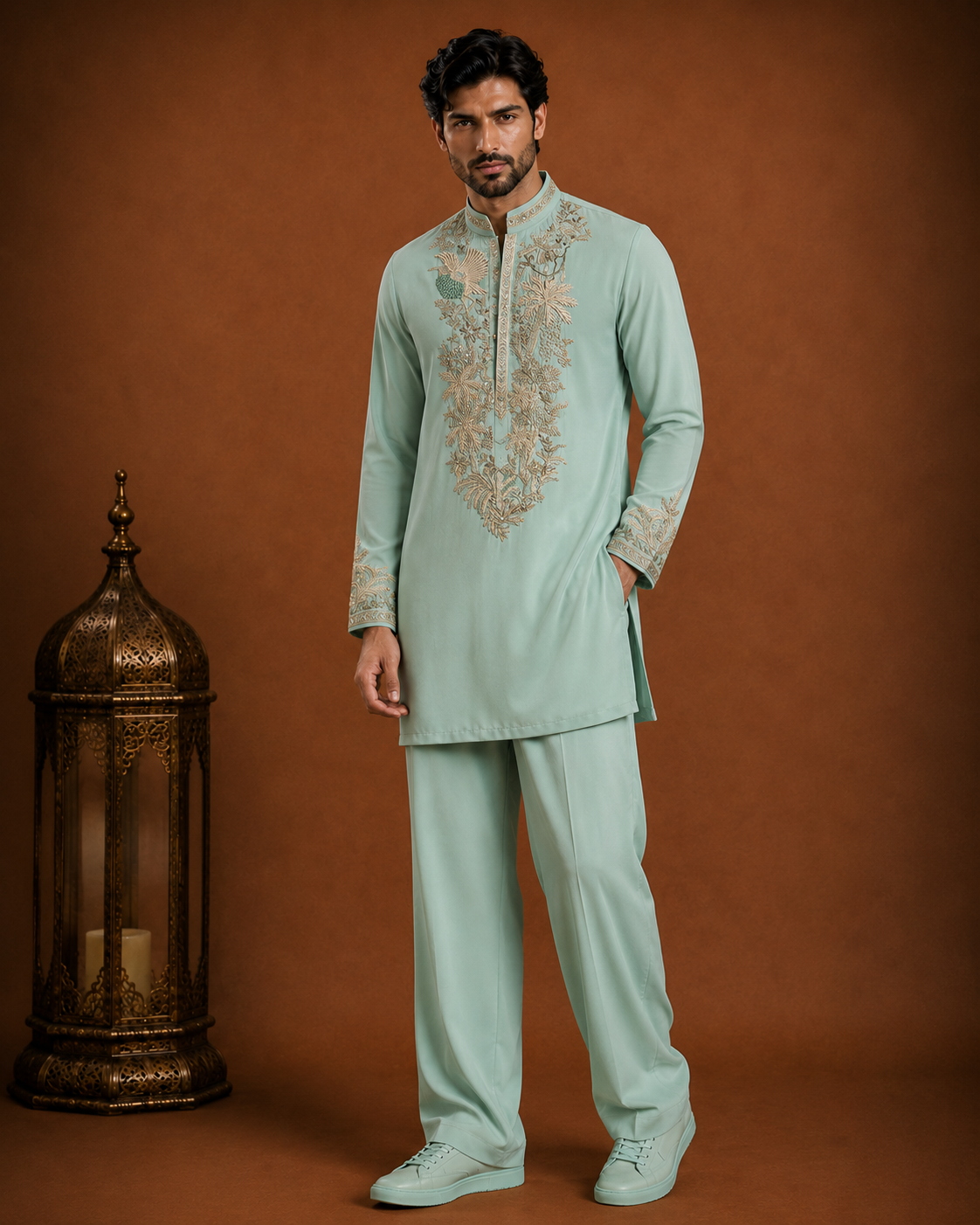 Mint Green Botanical Embroidered Kurta for Men | Festive & Wedding Occasion Wear