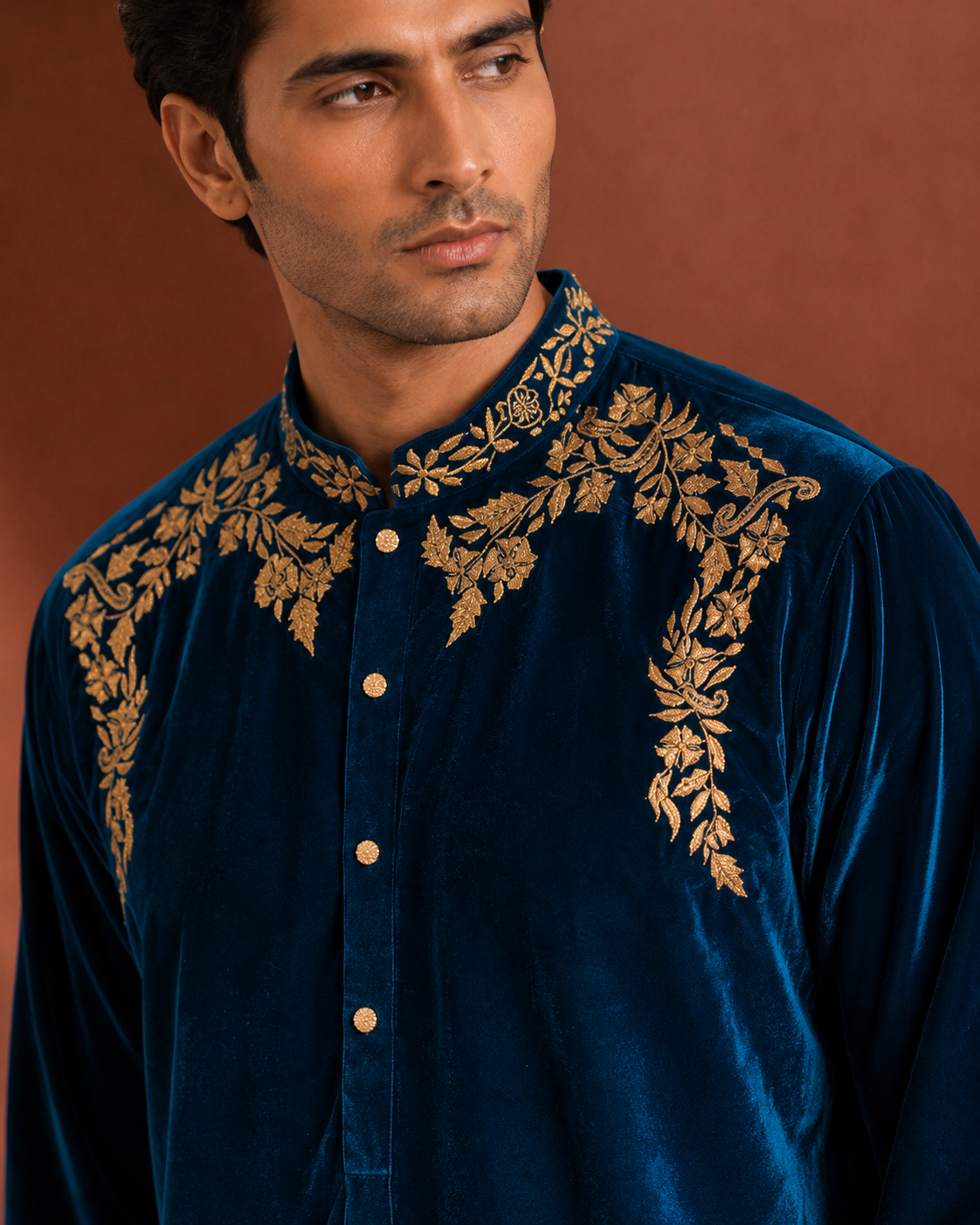 Men's Royal Blue Velvet Embroidered Kurta | Premium Wedding & Festive Ethnic Wear