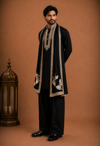 Black Embroidered Kurta with Printed Stole | Men’s Ethnic Wear