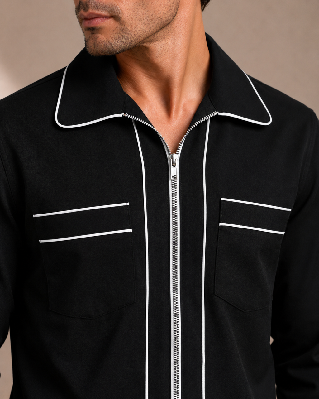 Men's Black Contrast Zip Shirt | Premium Full Sleeve Designer Smart Casual Shirt