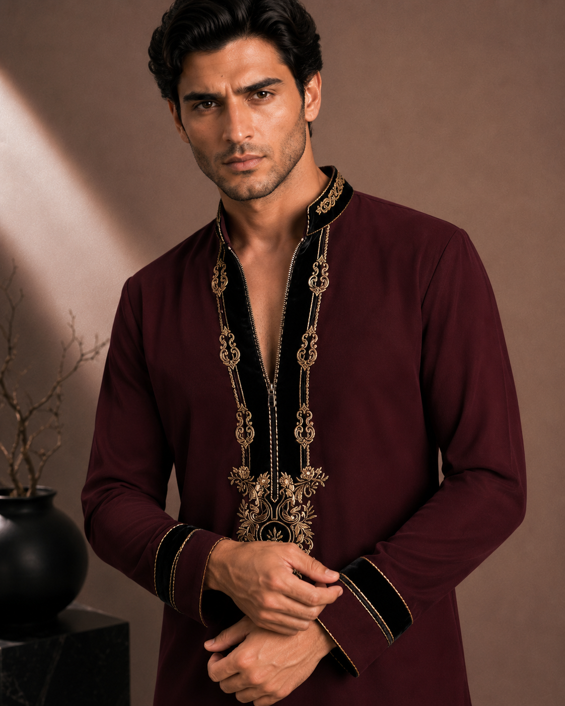Burgundy Velvet Gold Embroidered Short Kurta for Men | Festive & Wedding Party Wear