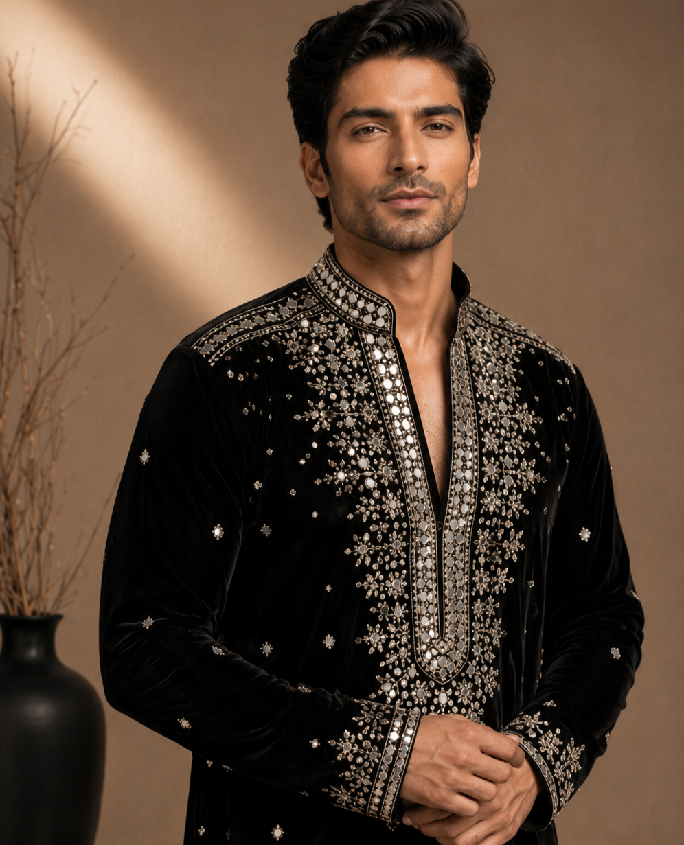 Black Velvet Mirror & Thread Embroidered Kurta for Men | Festive & Wedding Party Wear