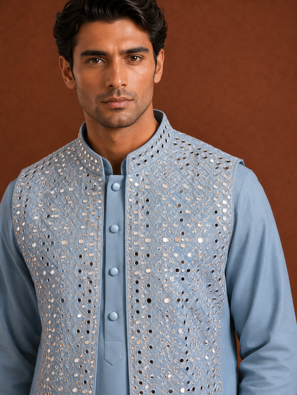Men's Sky Blue Embroidered Kurta with Mirror Work Jacket