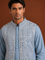 Men's Sky Blue Embroidered Kurta with Mirror Work Jacket