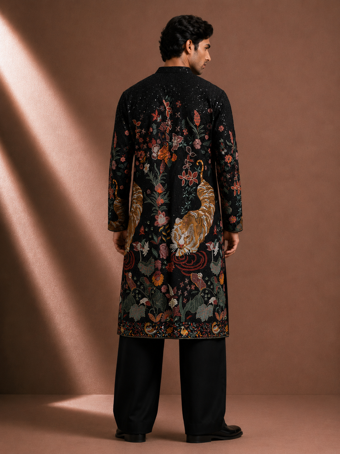 Men's Black Tiger Print Kurta | Premium Designer Ethnic Kurta for Wedding & Festive Wear