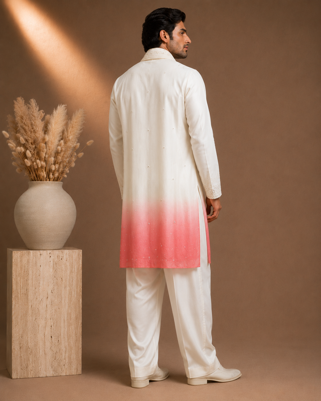 Ivory to Rose Pink Ombre Embroidered Kurta with Stole Set for Men | Festive & Wedding Wear